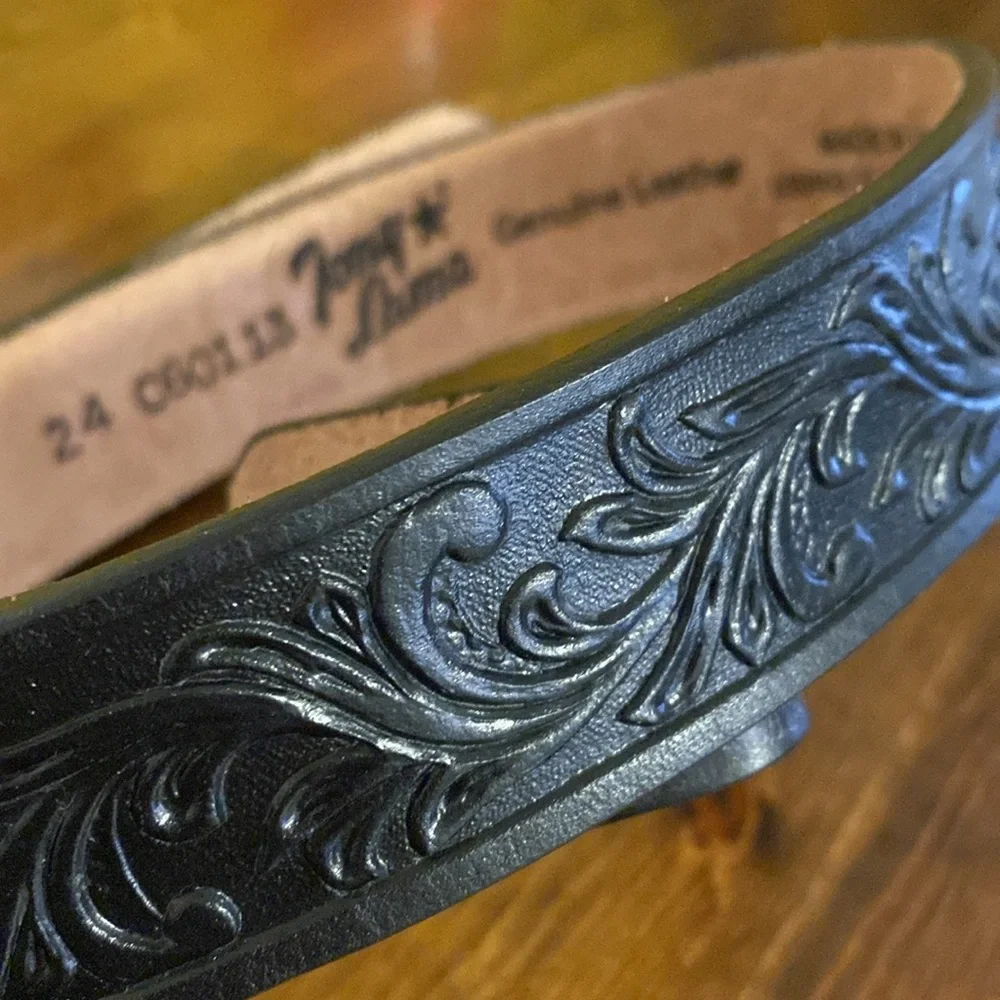 Tony Lama Black Tooled Western Leather Belt 24